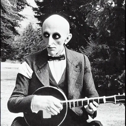 Image similar to vintage photograph of count orlok outside his castle, playing the blues on banjo, castle in the background, 4 k