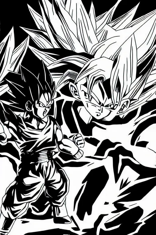 Image similar to realistic drawing of goku fighting vegeta in black and white on the planet namek