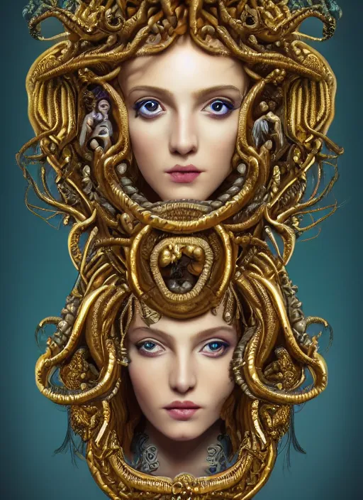 Prompt: professionally-made ultradetailed ornate award winning masterpiece RPG character portrait of beautiful symmetrical art deco Medusa radiating glowing aura, fully clothed with a flowery dress, digital airbrush painting, 3d rim light, hyperrealistic, artstation, cgsociety, kodakchrome, golden ratio, 1985