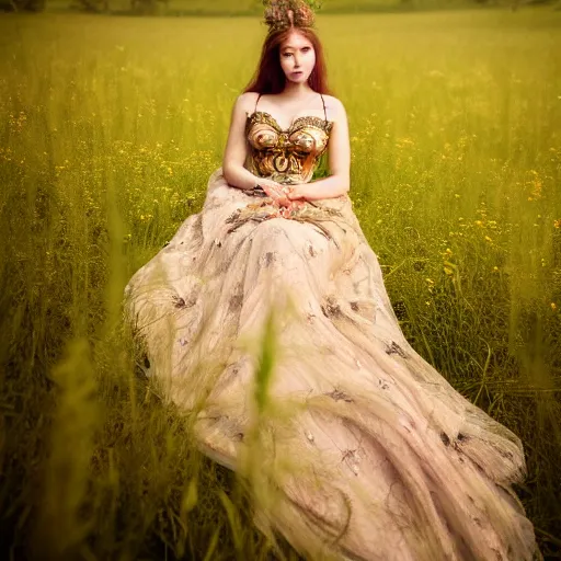 Prompt: photo of an extremely beautiful woman in ornate gown in an endless ethereal meadow, 4 k, hdr, smooth, sharp, focus, hyper realistic, high resolution, award - winning photo, bokeh, graflex camera, super resolution