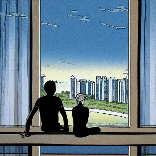 Image similar to art of two singapore students on the roof of a hdb flat, watching the skyline, by moebius