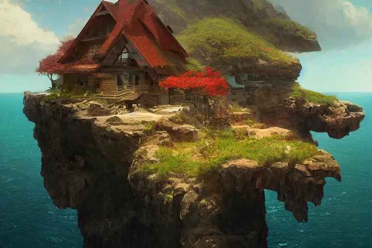 Image similar to lovely a - frame home sits atop a broad cliff, overlooking the entirety of the blue sky, digital painting by greg rutkowski and gaston bussiere, zbrush, cgsociety contest winner, comprehensive art, intricate, landscape photography, brightly radiant atmosphere, overcast sky, homogeneous to hawaii, 4 k, 8 k