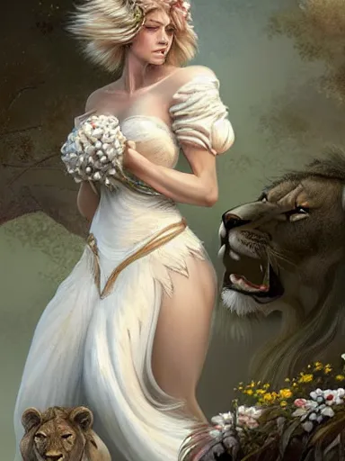 Prompt: a woman and a lion, wearing a cute white dress adorned with flowers, dominating a ferocious lion. intricate, elegant, highly detailed, digital painting, artstation, concept art, sharp focus, illustration, by justin gerard and artgerm, 8 k