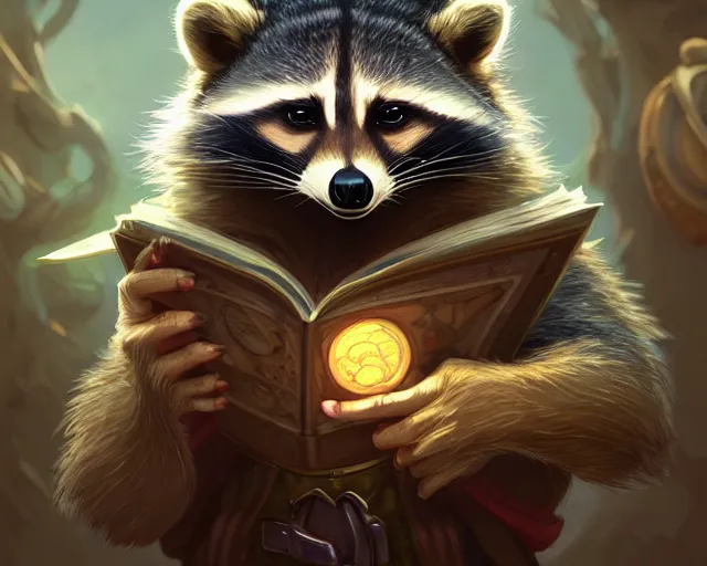 Image similar to anthropomorphic raccoon scientist, deep focus, d & d, fantasy, intricate, elegant, highly detailed, digital painting, artstation, concept art, matte, sharp focus, illustration, hearthstone, art by artgerm and greg rutkowski and alphonse mucha