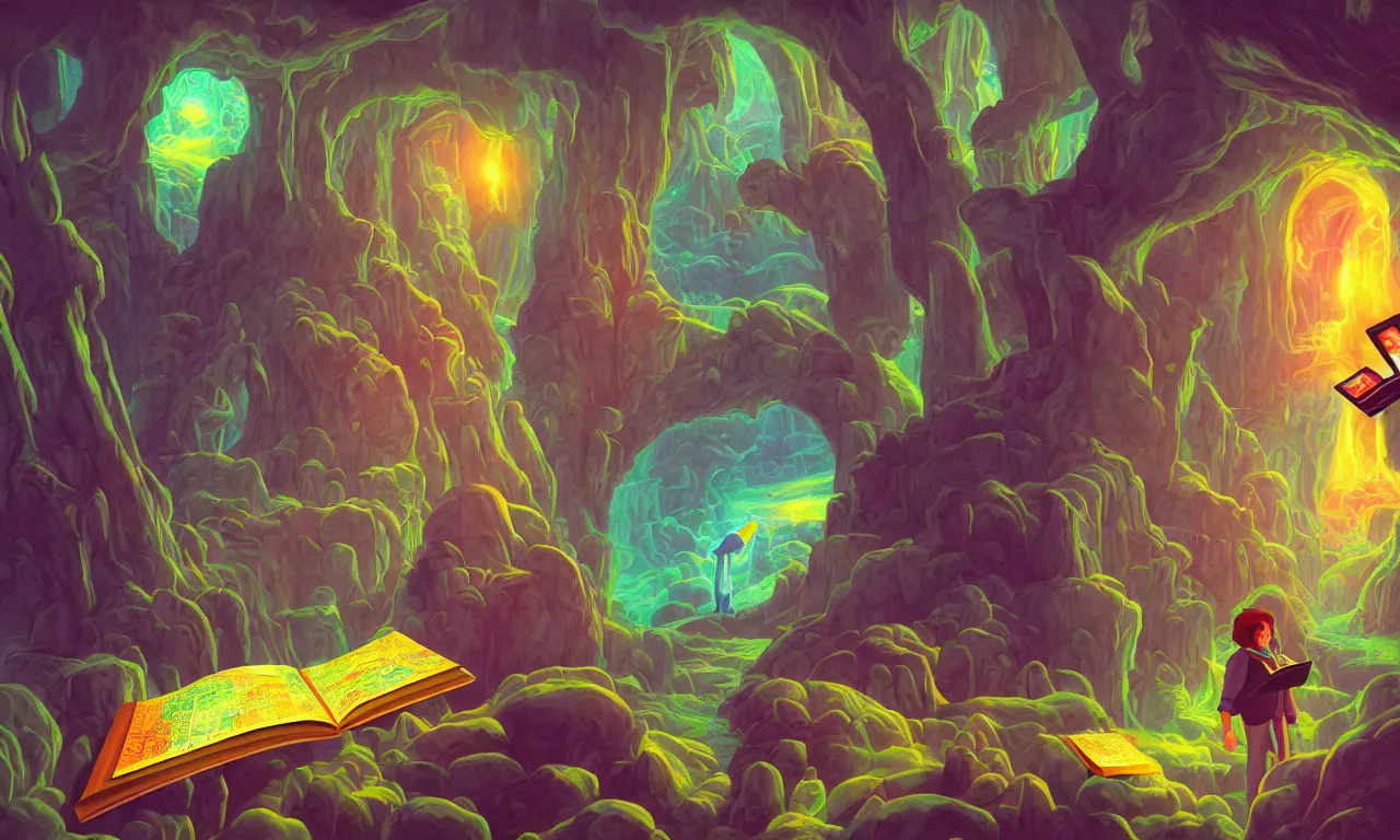 Image similar to large kerberos realm, faked ticket close up, wizard reading a directory, colorful ravine, 3 d art, digital illustration, perfect lighting