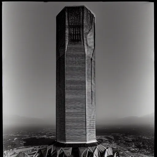 Prompt: Front view of panopticon tower, Shutter Speed, Neon lights, XAVC, Gelatin silver print, Panorama, Terry O'Neill