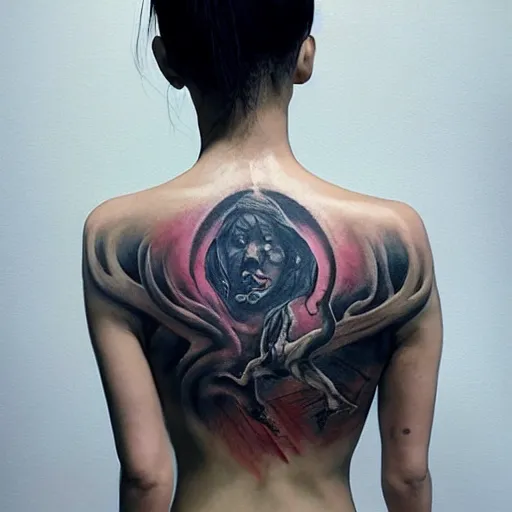 Image similar to An Asian woman with a full-body tattoo of the Dark Arts with her back turned to the camera highly detailed, fullbody, artstation, dark fantasy, horror, Silent Hill game, concept art, smooth, sharp focus, illustration, art by greg rutkowski and orientalism and bouguereau and Zdzislaw Beksinski, good clear quality, lighting, biology, symmetrical artwork, perfect face, 135 mm, cinematic, hyper realism, high detail, octane render, 8k, chrome accents