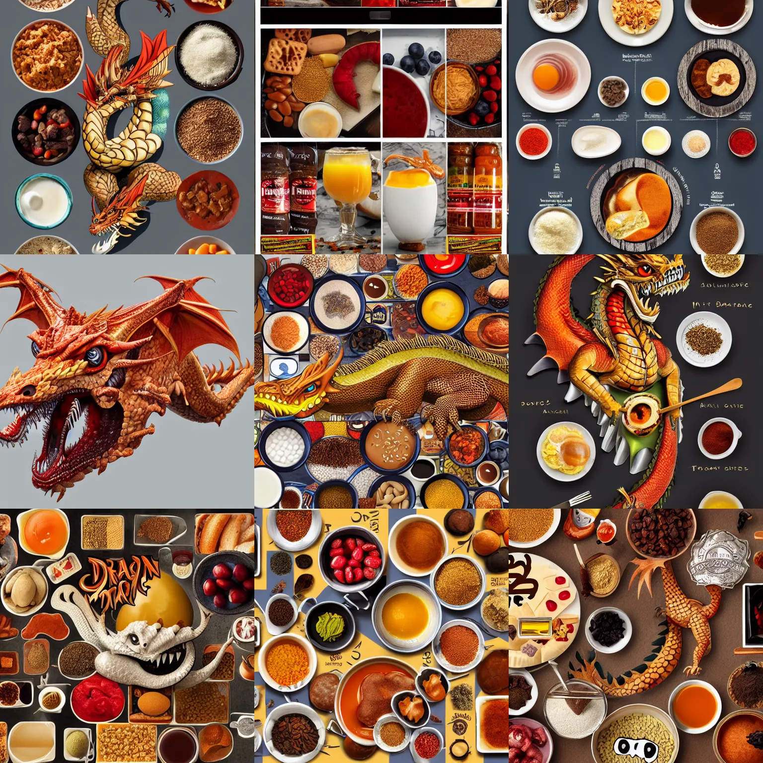 Prompt: a dragon made of american breakfast ingredients, trending on artstation, 4 k, highly detailed, professional