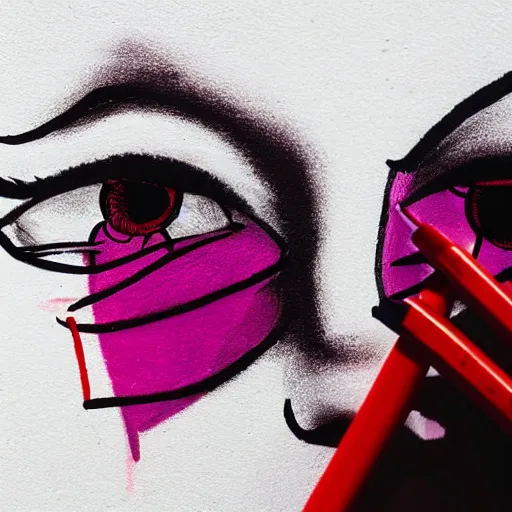 Image similar to a woman graffiti drawn on a white wall with a red felt - tip pen. a woman's eyes are made up of compound eyes.