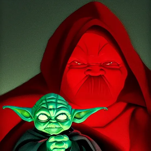 Prompt: portrait of hooded evil baby yoda as a sith, red power, dark background by ross tran, dark side, imperial march, artwork by ralph mcquarrie + cory loftis + paul lehr