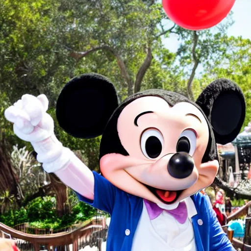 Prompt: dexter morgan visiting disneyworld wearing mickey mouse ears and eating cotton candy, telephoto lense