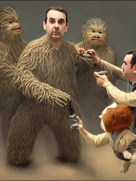 Image similar to rich evans and mike stoklasa save george lucas from a crackhead wookie in 1 9 3 0 s paris, hyperrealistic, 4 k, ultra detailed, intricate detail, octane render, photorealistic, art by zdzisław beksinski