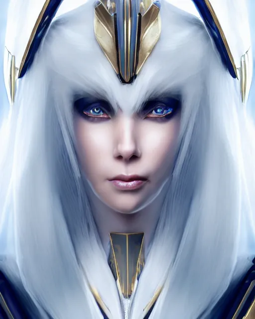 Image similar to perfect white haired attractive egyptian goddess, warframe armor, beautiful, symmetric, dreamy, half asian, pretty face, blue eyes, charlize theron, detailed, scifi platform, laboratory, experiment, 4 k, ultra realistic, epic lighting, android body, illuminated, cinematic, masterpiece, art by akihito tsukushi, voidstar