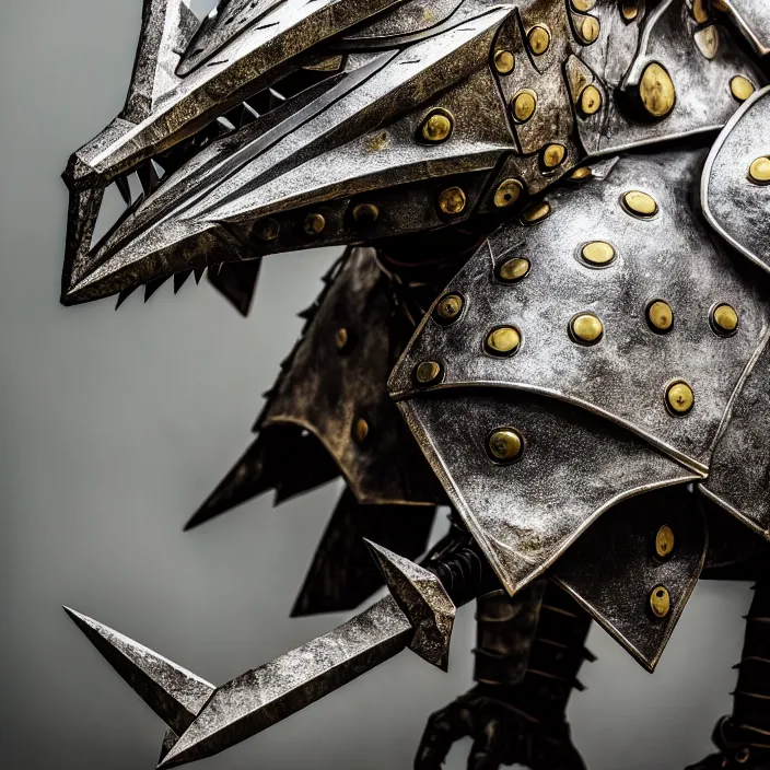 Prompt: photo of a warrior with metal stegosaurus themed armour and helmet, highly detailed, 4 k, hdr, smooth, sharp focus, high resolution, award - winning photo