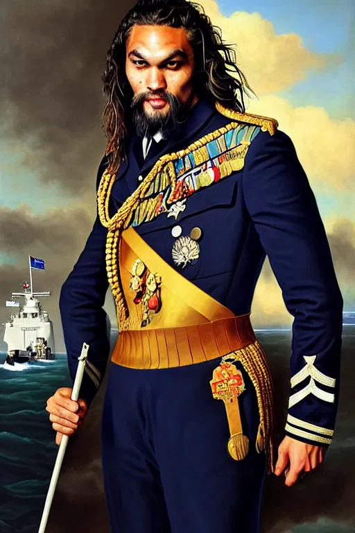 Image similar to portrait of Jason Momoa as an admiral in the Royal Navy, royal portrait