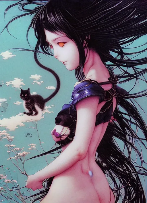 Prompt: realistic detailed image of a cute cat girl with black and white hair, anime key visual by Ayami Kojima, Amano, Karol Bak, Greg Hildebrandt, and Mark Brooks, Neo-Gothic, rich deep colors. art by Takato Yamamoto. masterpiece. Beksinski painting. still from 1993 movie by Terrence Malick and Gaspar Noe