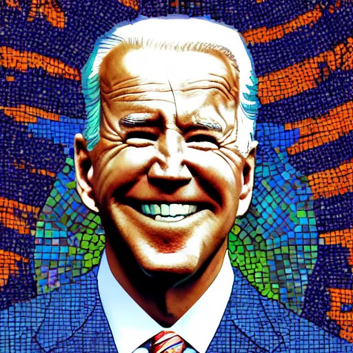 Image similar to portrait mosaic of joe biden with robot ears, 4k, intricate details, digital, sun in the background