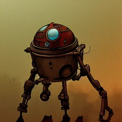 Prompt: realistic render of a small and rusty observation droid in a swamp by don bluth, eerie atmosphere, fog, cinematic lighting