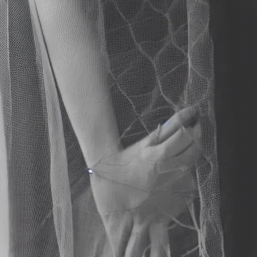 Prompt: A close up of a woman with her hands pressed against a fine mesh, Man Ray, The Veil