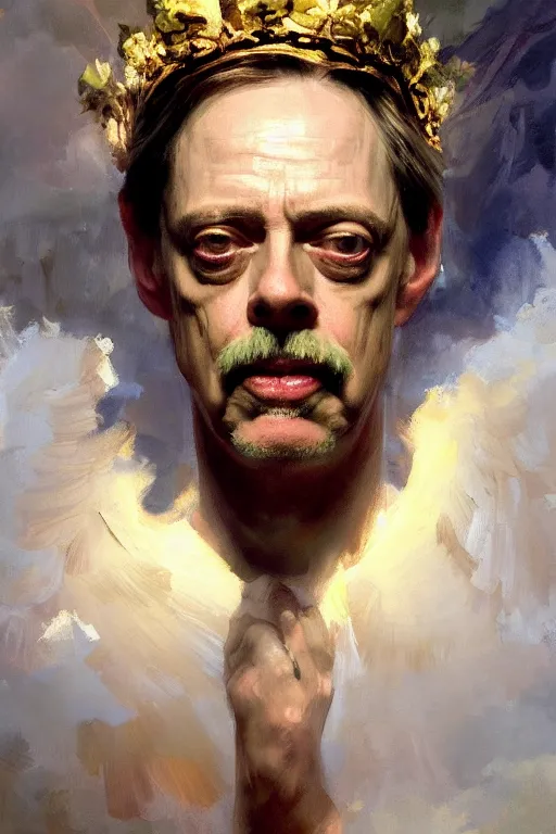 Image similar to beautiful detailed expressive impressionistic oil painting portrait of ancient roman god emperor steve buscemi levitating in angelic pose wearing the civic crown, art by anders zorn, wonderful masterpiece by greg rutkowski, expressive brush strokes, beautiful cinematic light, american romanticism by greg manchess, jessica rossier