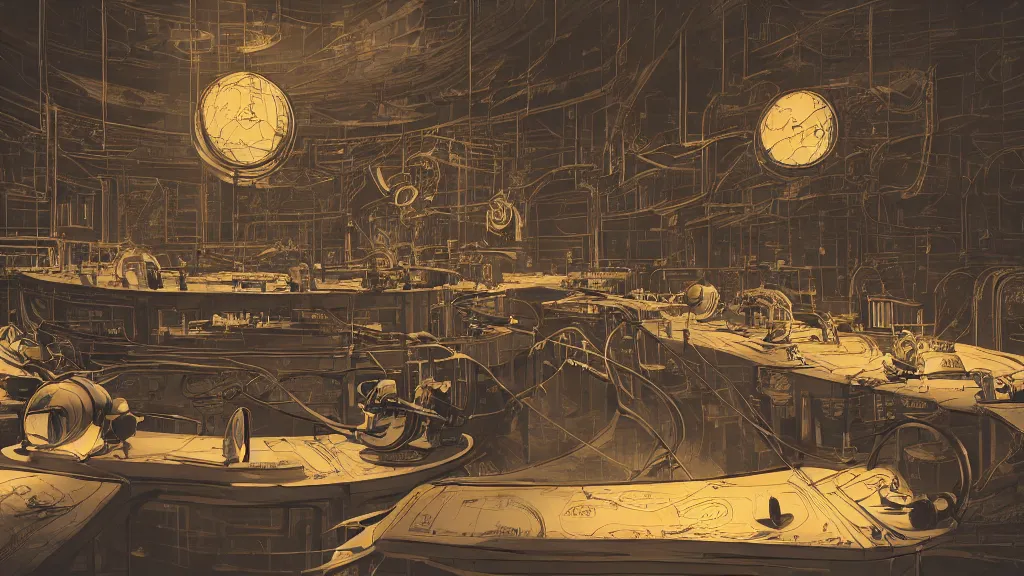 Prompt: aged paper, interior, orrery in huge fancy workshop, robots, retrofuture, high contrast, coherent, illustration, digital art, trending on artstation, hd, 8 k, good lighting, beautiful, rough paper, masterpiece