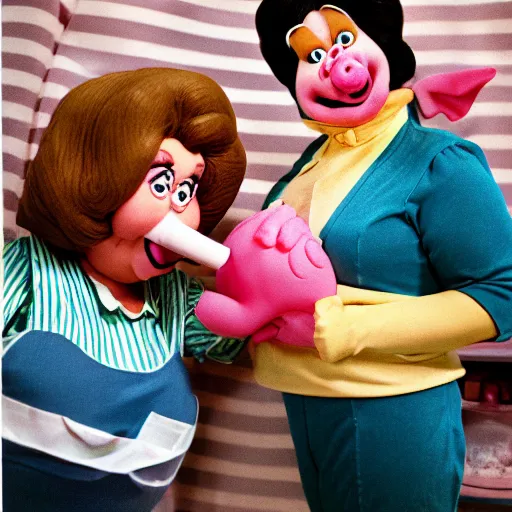 Prompt: 1976 two curvy women in a vintage kitchen baking a cake wearing an inflatable long prosthetic snout nose made of gooey green slime, soft color wearing stripes sitting on chairs covered in soft fabric, pink slime everywhere, grey striped walls, studio lighting 1976 color film archival footage holding a hand puppet that looks like Porky Pig, 16mm Russ Meyer John Waters Almodovar Doris Wishman