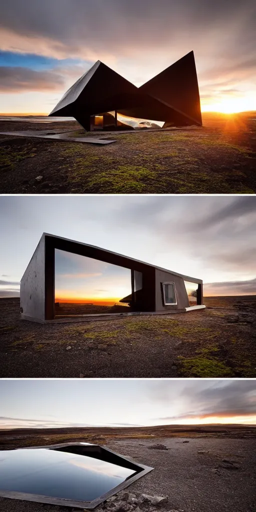 Image similar to futuristic angular architect house made from deconstucted charcoal wood and mirrors, refracted, floating, portal, iceland landscape photography sunset, by lurie belegurschi and gunnar freyr