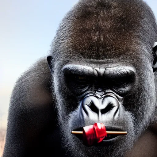 Image similar to angry gorilla smoking in front of a volkswagen polo, hyperrealistic, 4 k