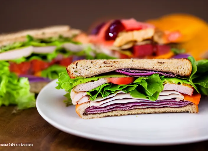 Prompt: dslr food photograph of a turkey club, 8 5 mm f 1. 8