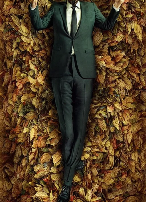 Image similar to highly detailed comedy caper movie poster with silly wacky zany keanu reeves as a sentient pile of leaves, keanu reeves green face as a sentient leafy bush by greg rutkowski, masterpiece, really funny, 1 0 / 1 0 comedy