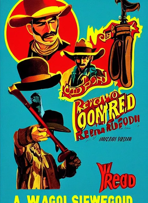 Prompt: a poster for a 1 9 6 0 s spaghetti western called red cowboy about an indian cowboy with a revolver tomahawk