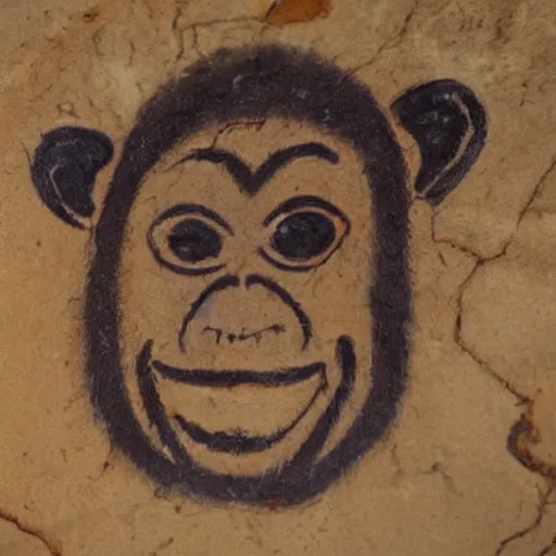 Prompt: very old cave painting with color depicting a smiling monkey