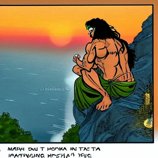 Image similar to lord shiva as a muscular comic book character, smoking at the edge of a cliff, looking at a beautiful sunset