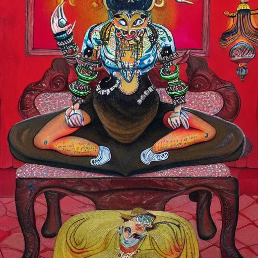 Image similar to a painting of a demon sitting on top of a chair, a detailed painting by ram chandra shukla, pixiv contest winner, bengal school of art, detailed painting, maximalist, art on instagram