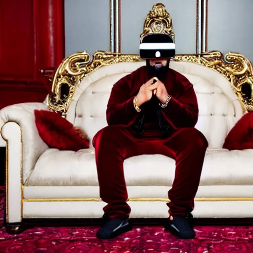 Image similar to DJ Khaled wearing a VR headset, sitting on an ornate red velvet throne
