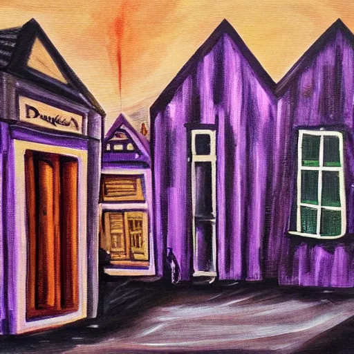 Image similar to painting of old town, horror, purple dim light, tiny houses and a big 8 floors building in the middle