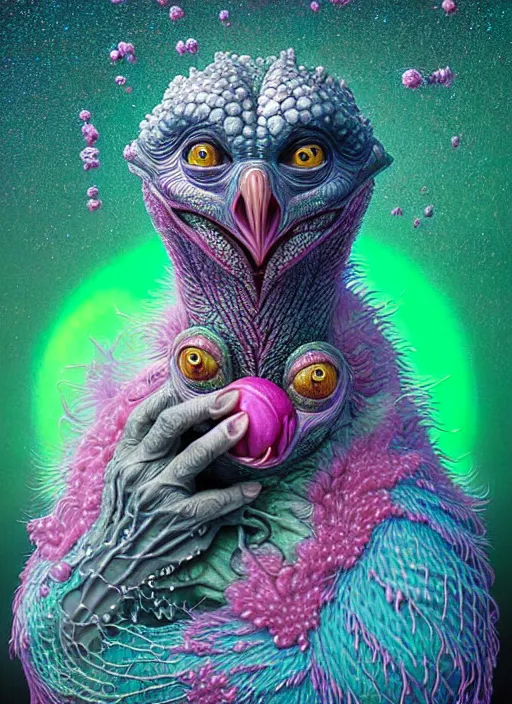 Prompt: hyper detailed 3d render like a Oil painting - kawaii portrait Aurora (a skeksis from dark crystal that looks like Larry David) seen Eating of the Strangling network of yellowcake aerochrome and milky Fruit and His delicate Hands hold of gossamer polyp blossoms bring iridescent fungal flowers whose spores black the foolish stars by Jacek Yerka, Ilya Kuvshinov, Mariusz Lewandowski, Houdini algorithmic generative render, Abstract brush strokes, Masterpiece, Edward Hopper and James Gilleard, Zdzislaw Beksinski, Mark Ryden, Wolfgang Lettl, hints of Yayoi Kasuma, octane render, 8k