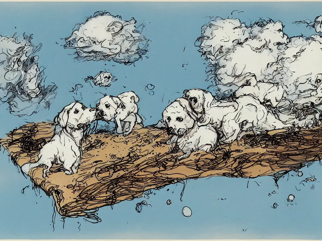 Prompt: a dream of clouds eating puppies, ralph steadman style