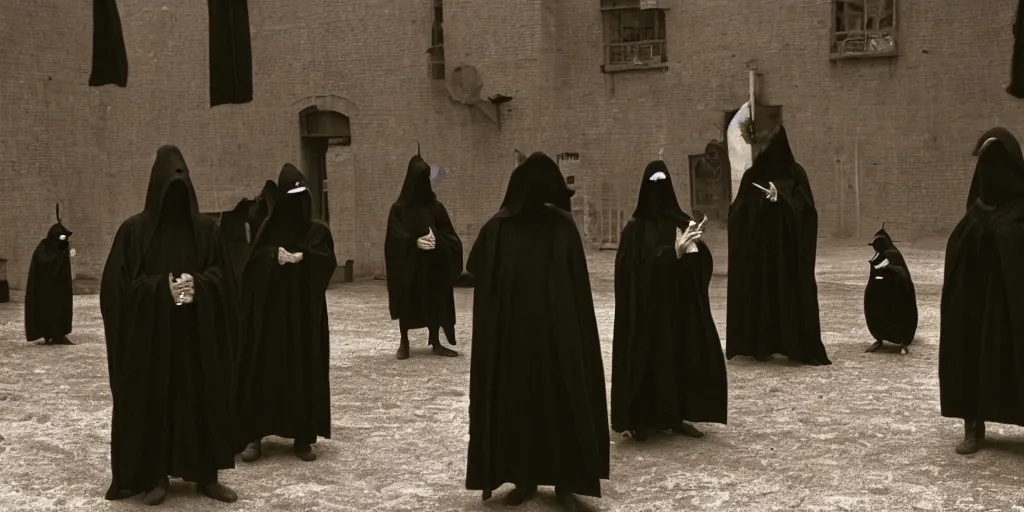 Image similar to black robed and hooded plague doctors in a circle calling forth satan, old film, 35mm film, found film, scary, ominous, frightening, ghastly, photorealistic