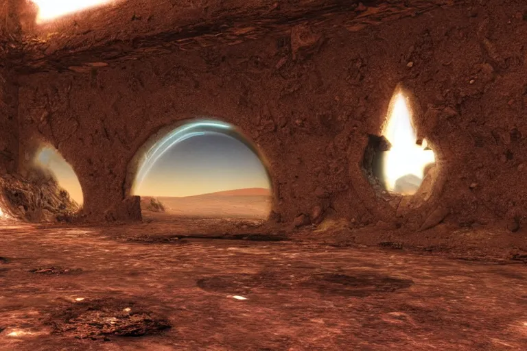 Prompt: opening a portal in the ruins on mars, portal, gate, dimension, in the 4 0 th millenia, arstation