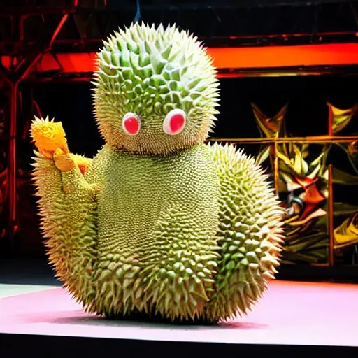 Image similar to anthropomorphic durian on stage, singing