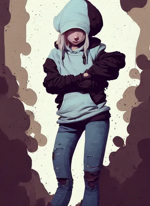 Prompt: highly detailed portrait of a sewer punk swedish young lady, hoodie, white hair by atey ghailan, by greg rutkowski, by greg tocchini, by james gilleard, by joe fenton, by kaethe butcher, gradient light blue, blonde, brown, cream and white color scheme, grunge aesthetic!!! ( ( graffiti tag wall background ) )