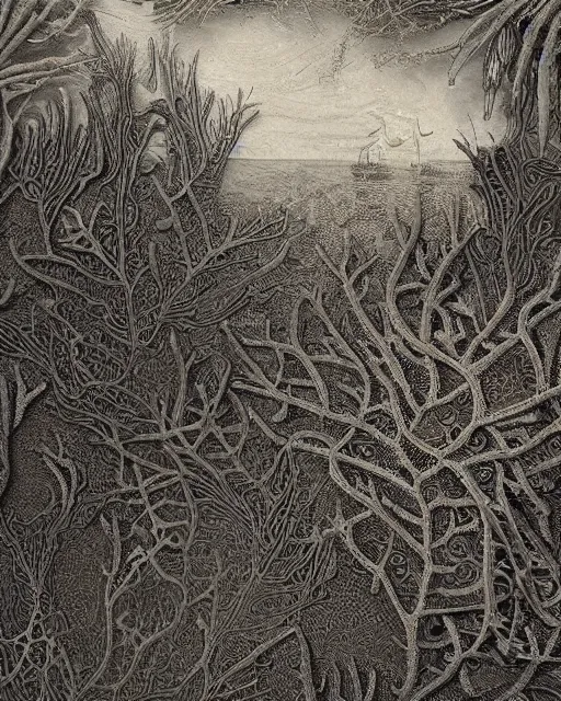 Image similar to a coral reef, made of intricate decorative lace leaf skeleton, in the style of the dutch masters and gregory crewdson, dark and moody