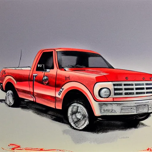 Prompt: red ford f - 1 5 0 by graham ingels, stephen gammell, tsutomu nihei