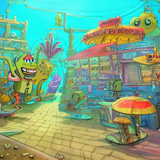 Image similar to bikini bottom drawn by stephen hillenburg, dynamic lighting, fantasy concept art, trending on art station, stunning visuals, creative, cinematic, ultra detailed