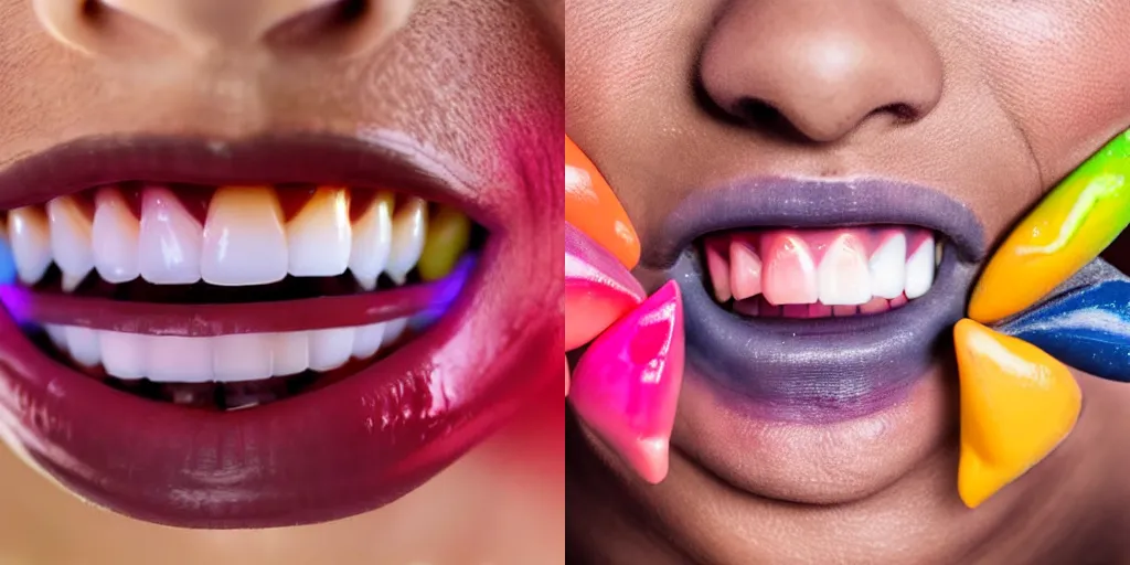 Prompt: a close up of a person's mouth with teeth made of different colors and patterns