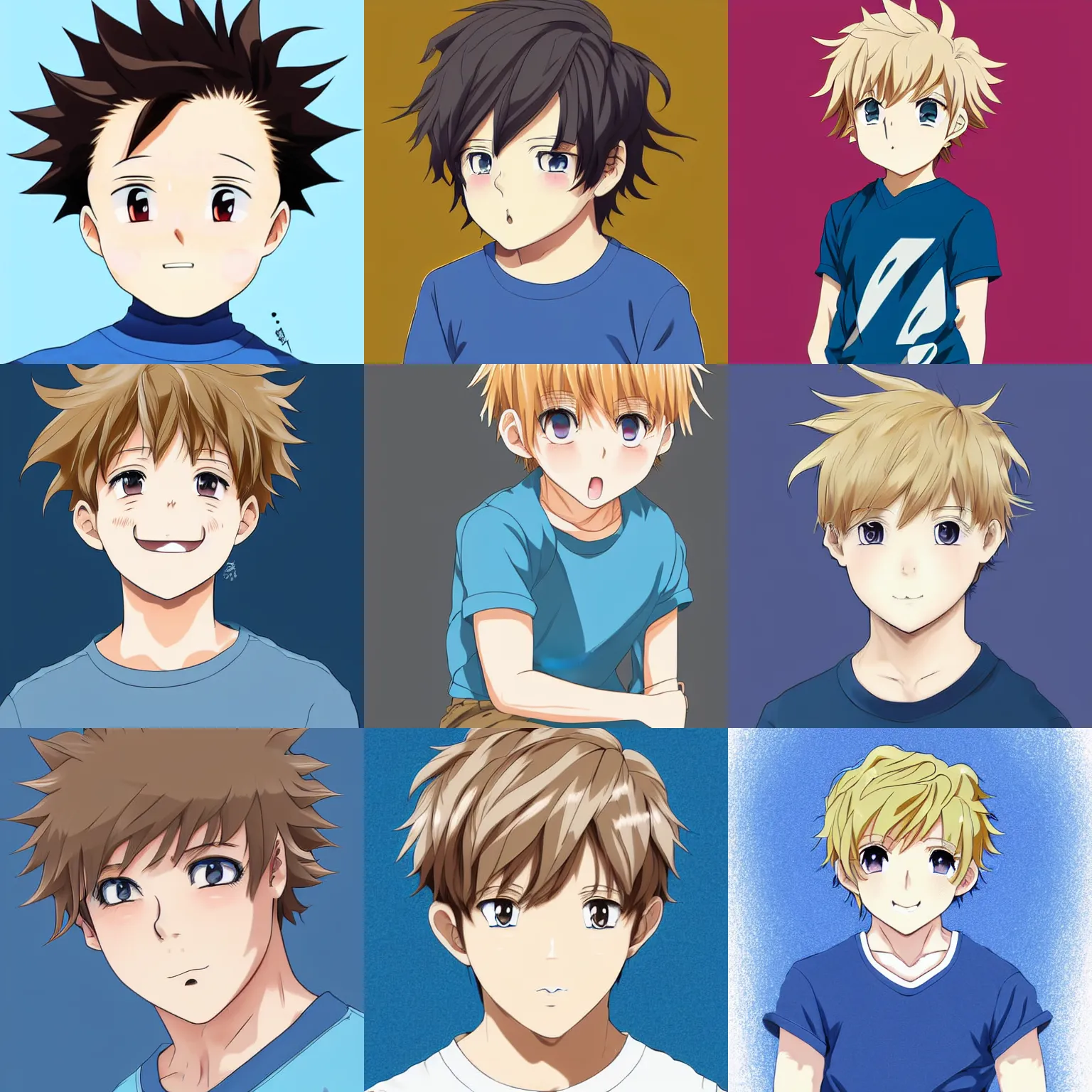 Prompt: A medium shot anime portrait of a young smiling anime boy child with extremely short curly wavy light brown-blonde hair and blue eyes, buzzed sides, blue-eyed, chubby face, very young, medium shot portrait, wavy and short top hair, his whole head fits in the frame, solid color background, flat anime style shading, head shot, 2d digital anime drawing by Stanley Artgerm Lau, WLOP, Rossdraws, James Jean, Andrei Riabovitchev, Marc Simonetti, and Sakimi chan, trending on artstation
