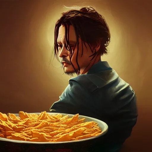 Prompt: johnny depp swimming in a giant bowl of chip dip, ultra high detailed, oil painting, greg rutkowski, charlie bowater, yuumei, yanjun cheng, unreal 5, daz, hyperrealistic, octane render, rpg portrait, dynamic lighting