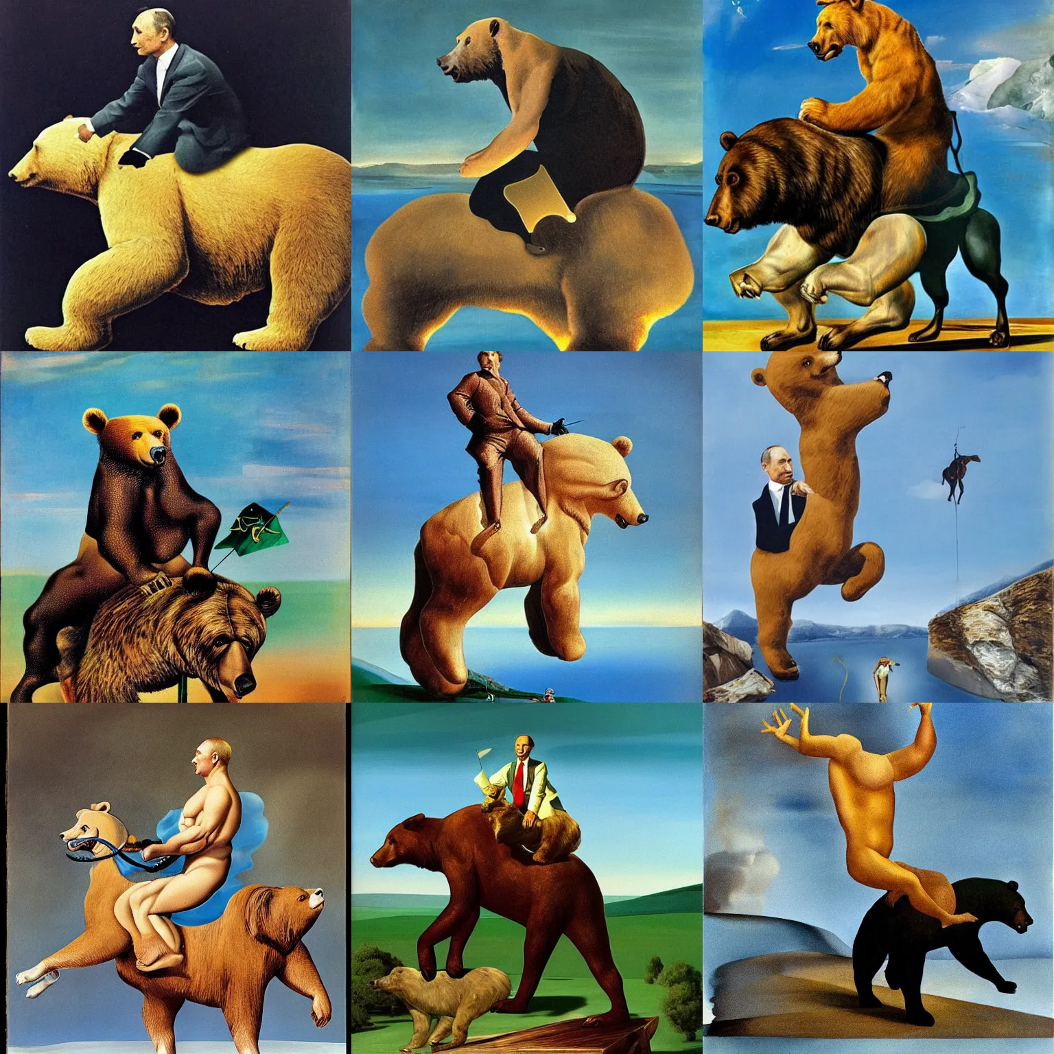 Prompt: profile putin riding a real bear, art by salvador dali, surrealist