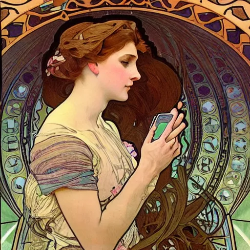 Prompt: a beautiful portrait of a woman hypnotially entranced by her iphone. highly detailed face. art by alphonse mucha and alphonse mucha and alfons mucha